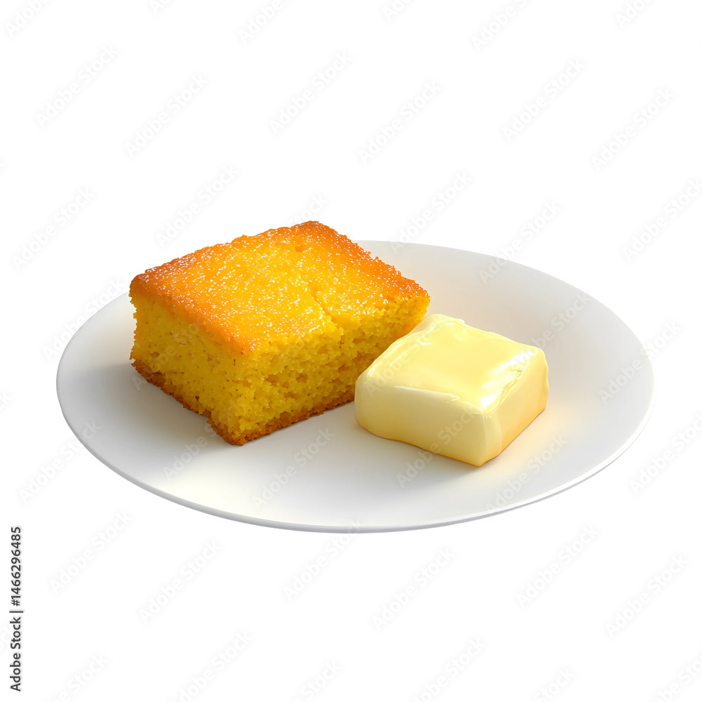 Slice of cornbread with melted butter isolated on white background Slice of cornbread with melted butter isolated on white background