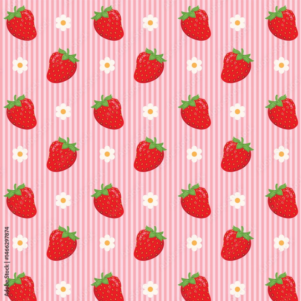 Cute little strawberries with flowers on a striped background seamless pattern, berries vector illustration. Cute little strawberries with flowers on a striped background seamless pattern, berries vector illustration.
