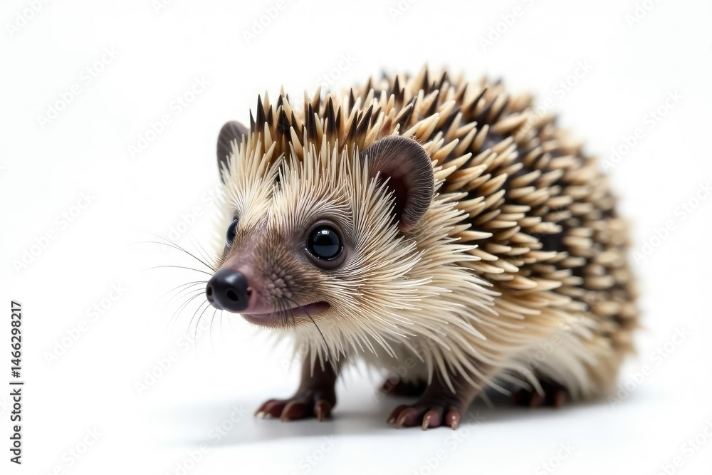 Close-up of a single hedgehog against a stark white backdrop, hedgehog, wild Close-up of a single hedgehog against a stark white backdrop, hedgehog, wild