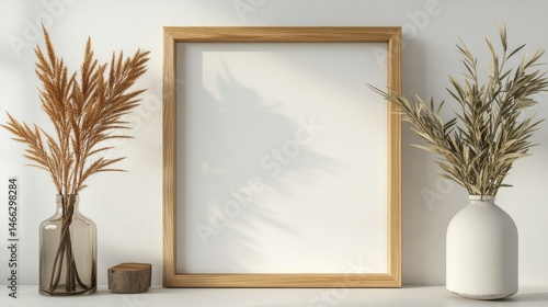 Blank wooden frame with passepartout, centered on a white wall, with dried plants in the background, simple and elegant design