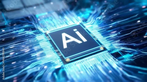 Close-up of an AI CPU, the next-generation artificial intelligence chip, power flowing through its circuits.