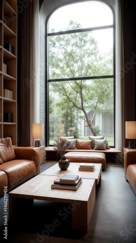 Wallpaper Mural Stylish living room with leather sofas, a wooden coffee table with books, a tall bookshelf, and a large window overlooking trees, creating a warm and inviting atmosphere. Torontodigital.ca