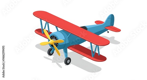 Isometric Biplane Toy with Red Wings and Blue Body on White