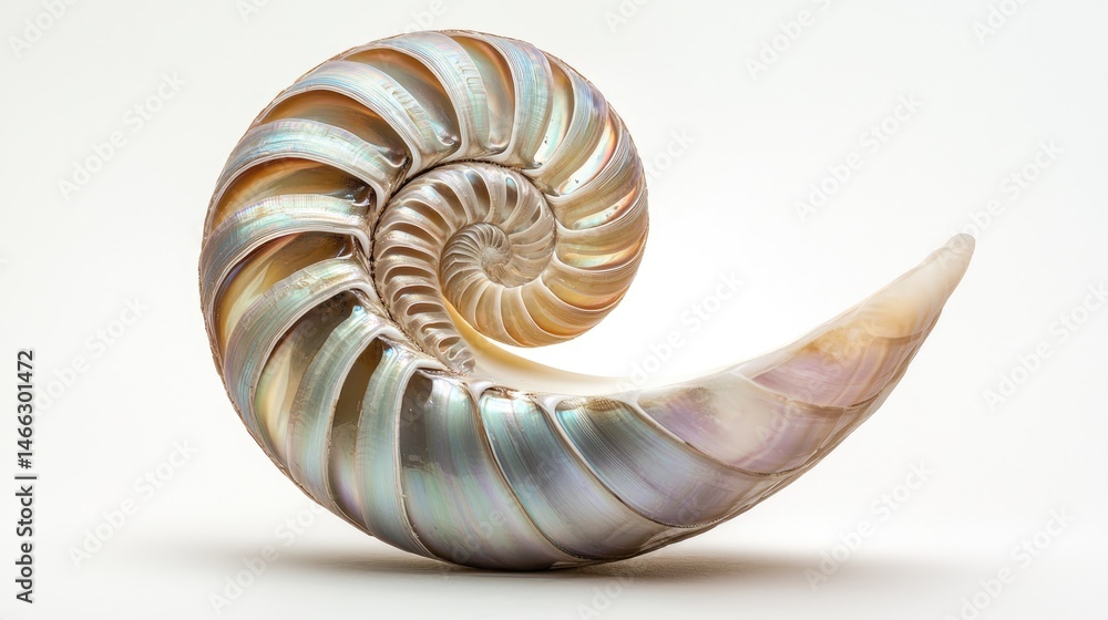 Intricate spiral shell, showcasing iridescent hues. Intricate spiral shell, showcasing iridescent hues.