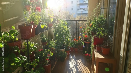 Fototapeta Naklejka Na Ścianę i Meble -  Sun-drenched balcony garden brimming with vibrant flowers and herbs