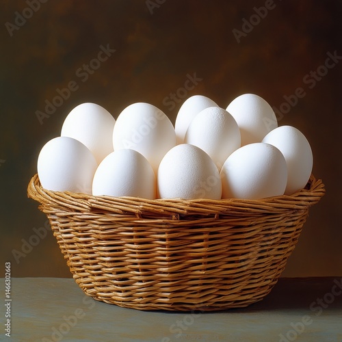 Wallpaper Mural Elevated Still Life: A Wicker Basket Overflowing with Fresh White Eggs, Bathed in Soft, Natural Light Against a Warm, Earth-Toned Backdrop Torontodigital.ca
