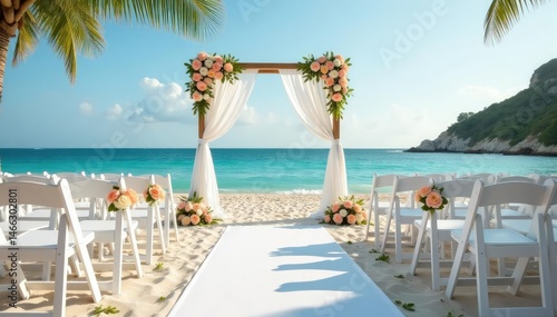Elegant beachfront wedding setup with white chairs and floral arrangements , wedding arch, thailand, venue