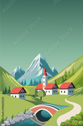 Scenic vector illustration of a small alpine village with red-roof houses, a church, river, bridge, and snow-capped mountains. Peaceful nature landscape in flat style. Perfect for tourism projects