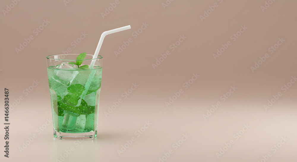 Refreshing Minty Beverage with Ice in a Clear Glass on Neutral Background Refreshing Minty Beverage with Ice in a Clear Glass on Neutral Background