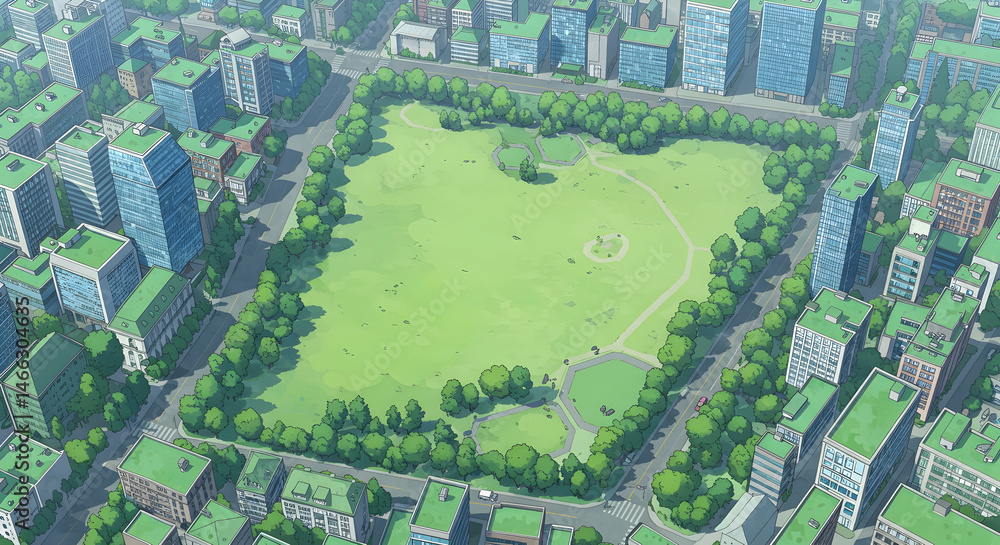 Fototapeta premium Aerial View of Urban Park Surrounded by Skyscrapers and Trees