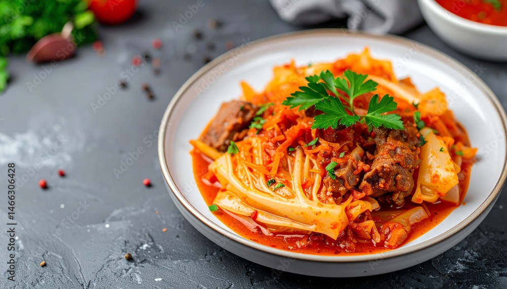 A vibrant plate of hearty pasta with meat and rich tomato sauce, garnished with fresh parsley, showcasing a delicious meal A vibrant plate of hearty pasta with meat and rich tomato sauce, garnished with fresh parsley, showcasing a delicious meal
