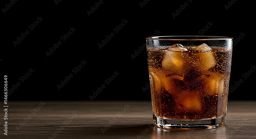 Refreshing Carbonated Drink with Ice in a Glass on Wooden Surface Refreshing Carbonated Drink with Ice in a Glass on Wooden Surface