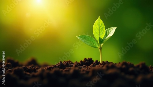 Sunlit green sprout emerges from rich soil, leaves unfurl, fresh, garden, new