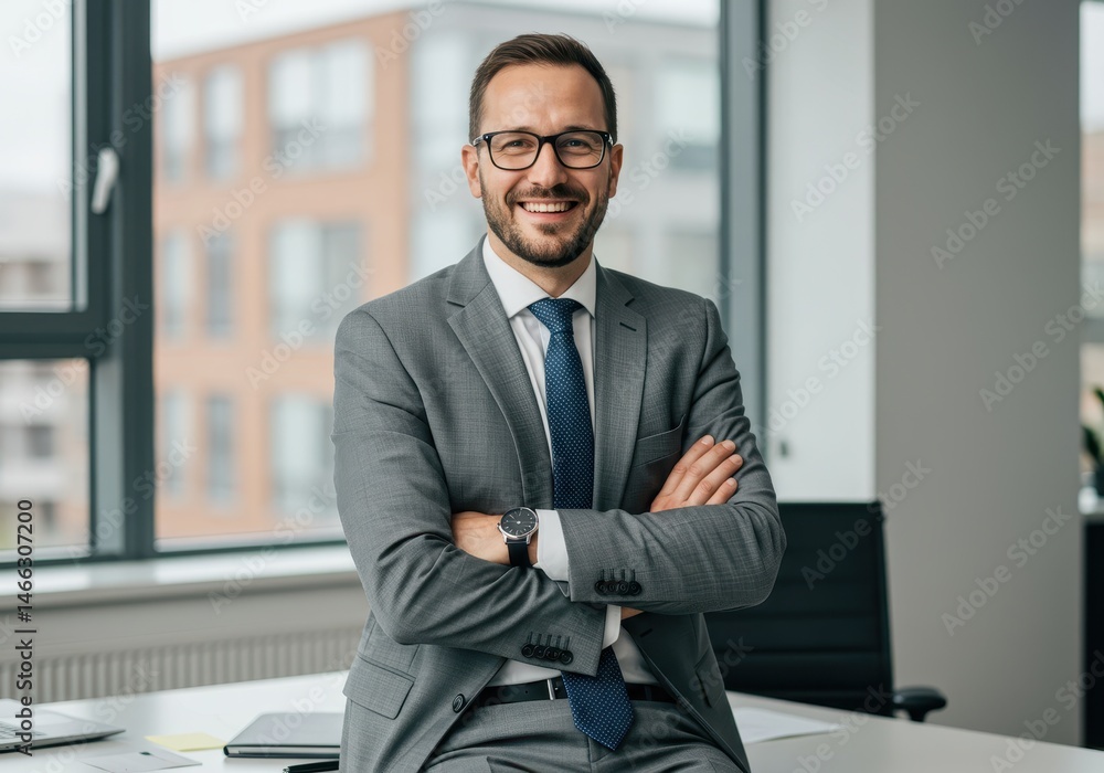 Confident businessman with glasses sitting on desk in suit with arms crossed and a smile Confident businessman with glasses sitting on desk in suit with arms crossed and a smile