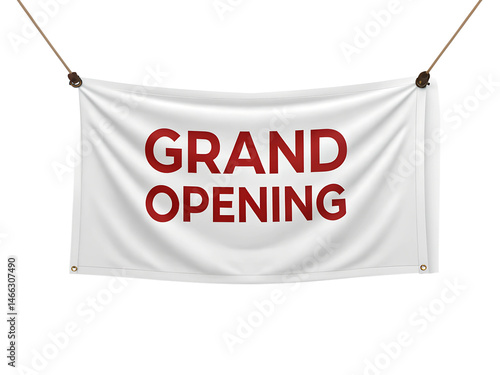 A white banner with red text that reads Grand Opening hangs from two strings against a transparent background.