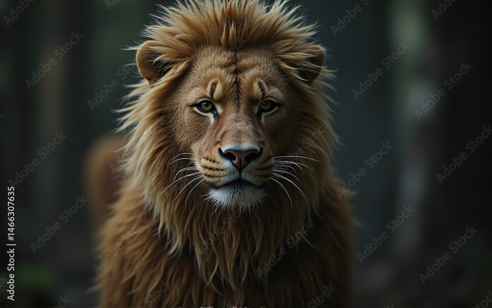 Fototapeta premium A majestic lion, its tawny mane ruffled, stares intently forward in a dark forest. Its piercing gaze and powerful stance command attention.