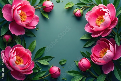 Bold peony blooms, vibrant green foliage Continuous design , print, bold, spring