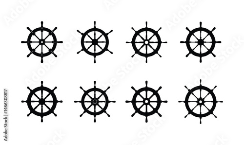 A set of ship wheel design, doodle, steering wheel, vector illustration on white background