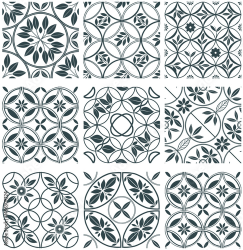 A set of seamless vector floral patterns with vintage ornament and geometric elements for wallpaper and fabric design