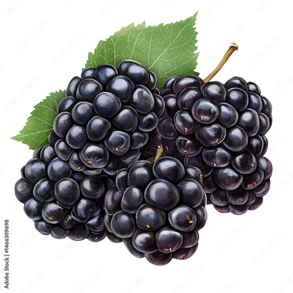 Fototapeta premium Cartoon Blackberries with Green Leaves Isolated on White Background