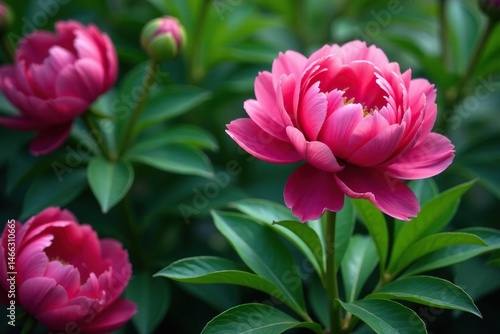 Bold peony blooms, vibrant green foliage Continuous design , summer, bright