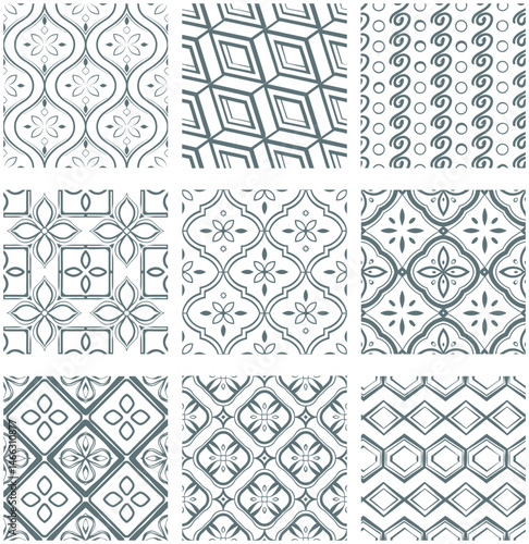 Explore a versatile set of seamless geometric vector patterns, perfect for vintage wallpaper, fabric design, or ornate decorative backdrops