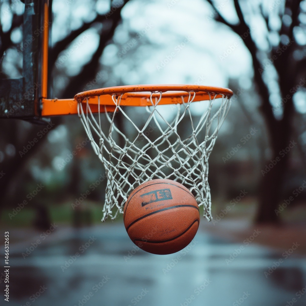 Fototapeta premium The Perfect Shot: A Basketball Moment Frozen in Time with an Orange Hoop, Crisp Net, and a Focused Ball Against a Blurred, Moody Outdoor Background.