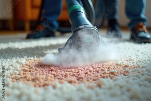 Close-up of a steam cleaner nozzle cleaning a stained carpet, fibers lifting and looking fresh , home cleaning, close-up