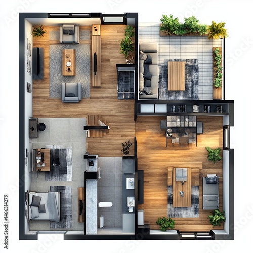 Floor plan of a house top view 3D illustration. Open concept living apartment layout