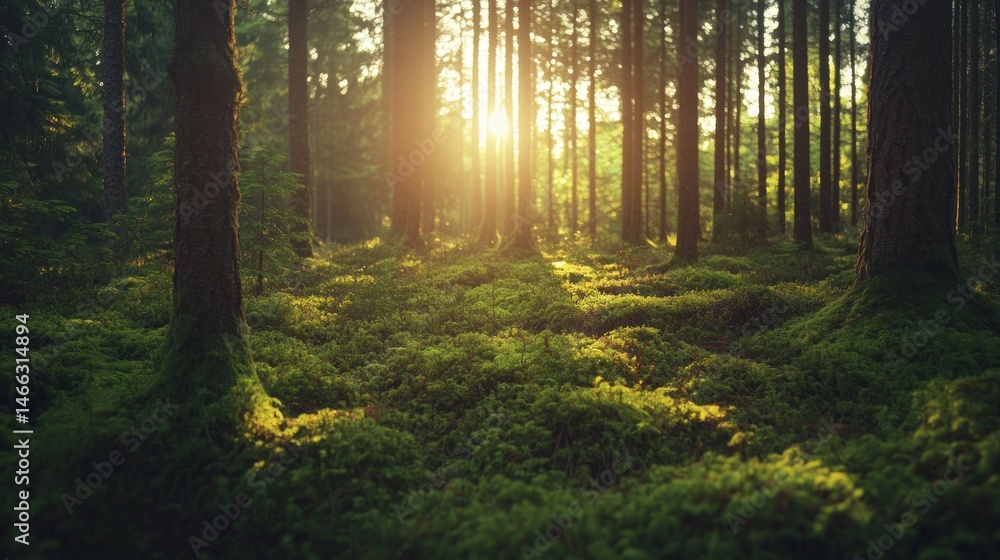 Obraz premium Sunlight filtering through a mossy forest floor