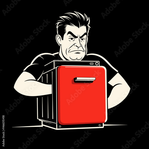 Man frowning with red fridge against black background