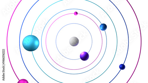 Bilde på lerret Flat top-down digital render of abstract orbital system with white nucleus and vibrant orbital paths around it on black background for scientific graphics