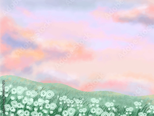 cute abstract watercolor illustration of colorful soft pastel cloud pink sky, grass field, meadow hill scenery background wallpaper