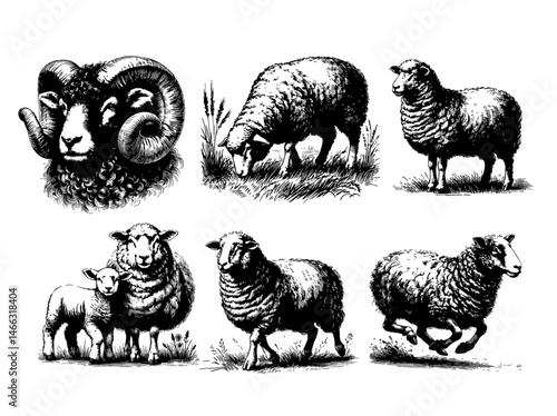 Vintage black and white illustrations of sheep in various poses, including grazing, walking, resting, and jumping, with detailed wool texture and rural charm.