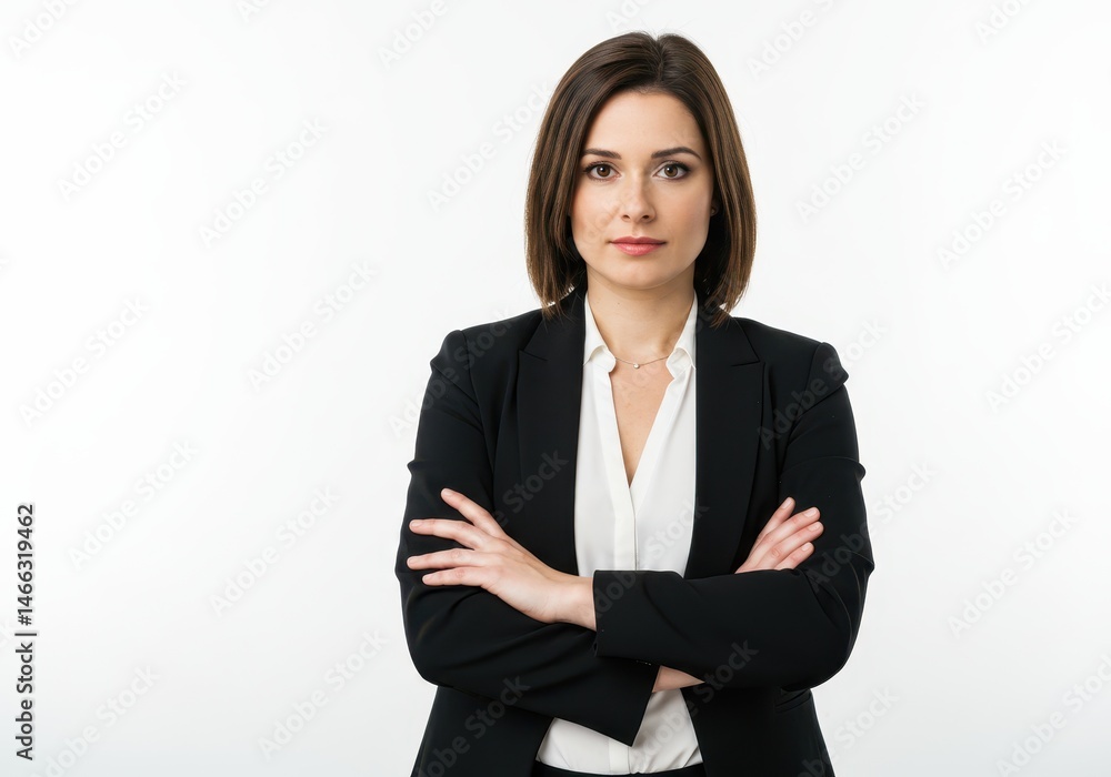 Confident businesswoman in black blazer with arms crossed on a white background looking at camera Confident businesswoman in black blazer with arms crossed on a white background looking at camera