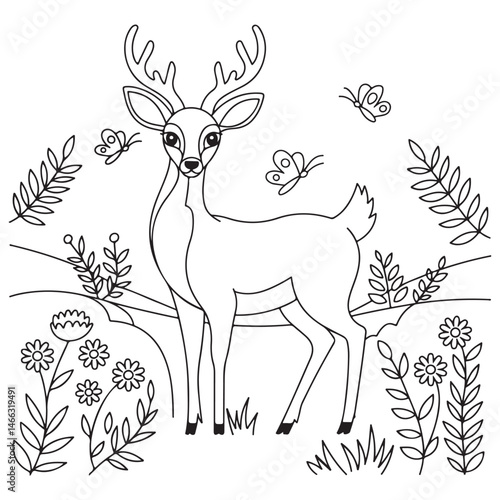 Coloring page of a graceful deer standing in a natural setting surrounded by flowers and butterflies, ideal for wildlife and nature content.