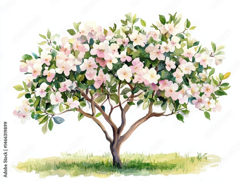 Fototapeta premium Beautiful Watercolor Illustration of Blooming Flower Tree in Side View Isolated for Landscape and Architecture Elements