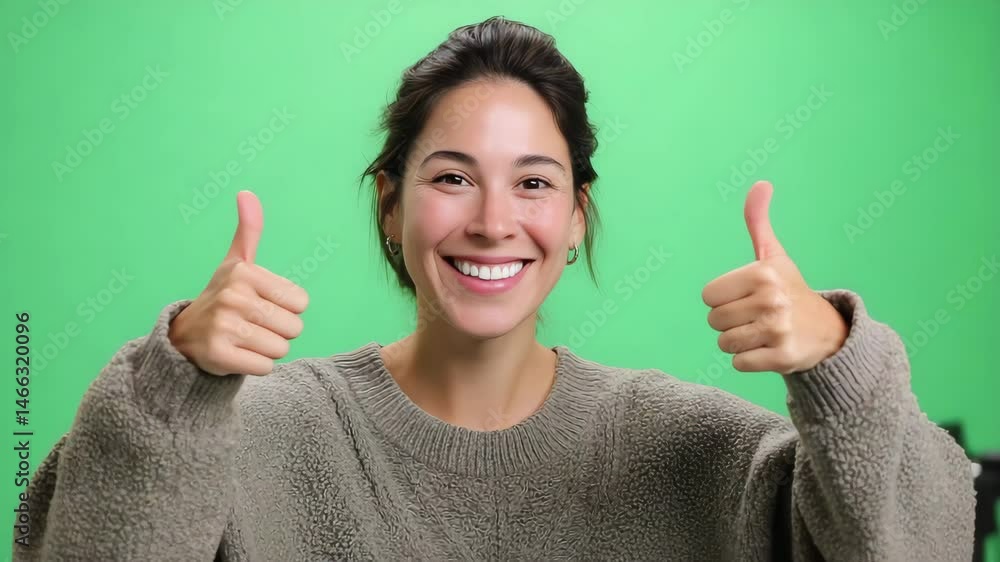Smiling woman giving thumbs up in front of a green background Smiling woman giving thumbs up in front of a green background
