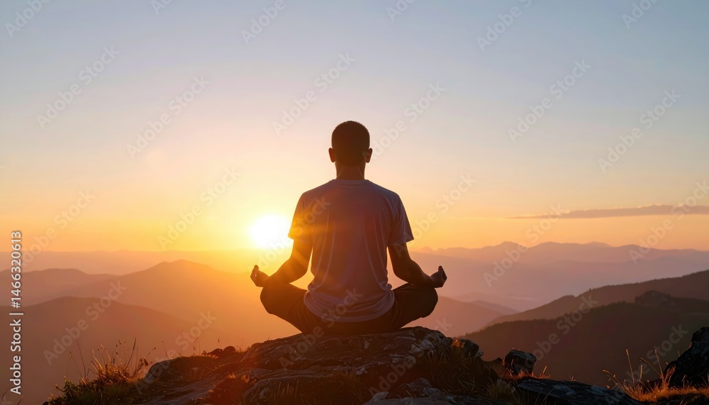 Person Meditating at Sunrise on Mountain Peak with Serene Landscape and Glowing Warm Light Person Meditating at Sunrise on Mountain Peak with Serene Landscape and Glowing Warm Light