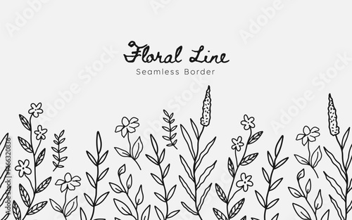 Hand drawn floral meadow seamless border. line art style