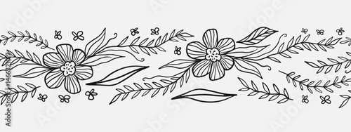 Hand drawn floral seamless pattern border. Line art style