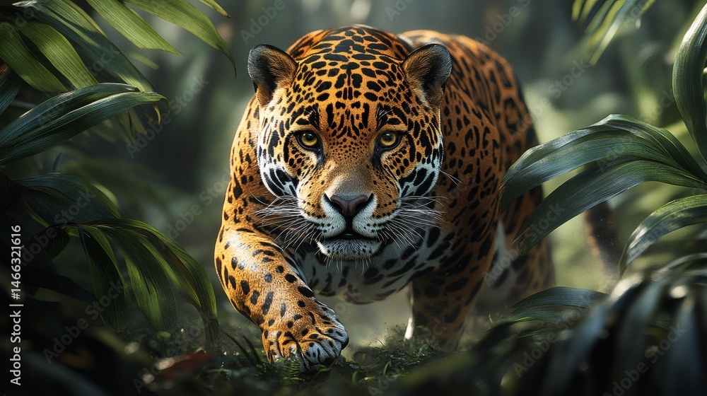 Intense jungle scene with leopard camouflaged in green leaves showing primal beauty and predator focus in the wild
