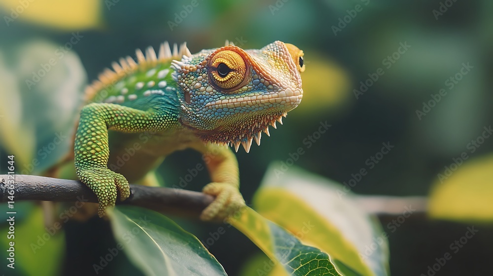 Obraz premium Colorful chameleon perched on a branch, showcasing its vibrant skin.