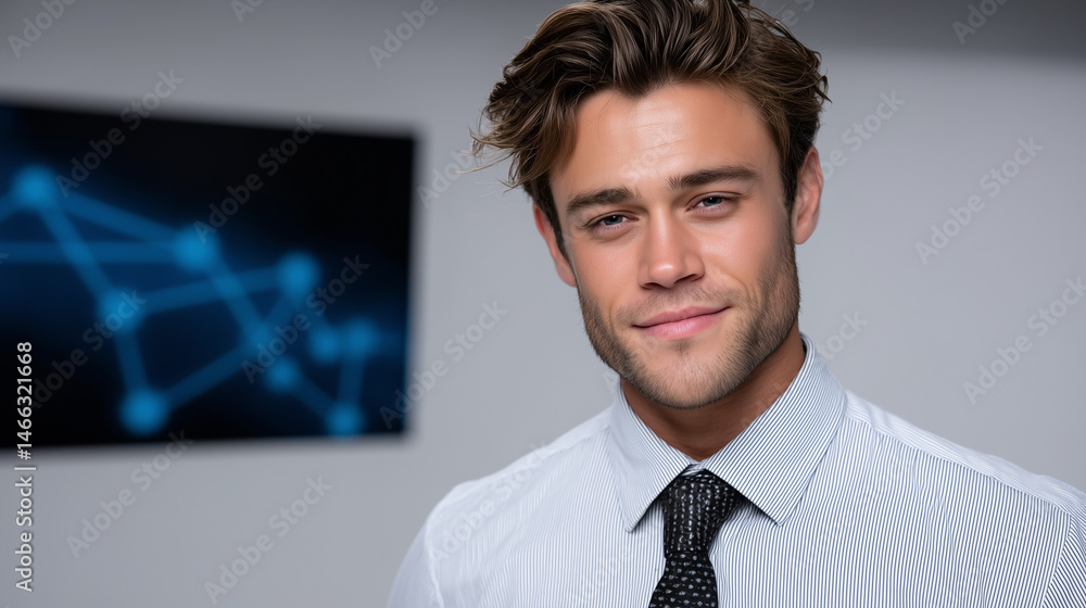 Confident Caucasian Man in Formal Shirt and Tie Smiling in Modern Office Environment with Abstract Background Confident Caucasian Man in Formal Shirt and Tie Smiling in Modern Office Environment with Abstract Background
