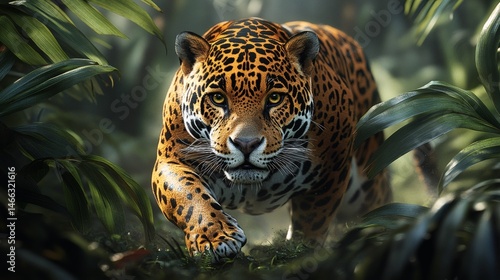 Obraz na płótnie Intense jungle scene with leopard camouflaged in green leaves showing primal beauty and predator focus in the wild
w salonie