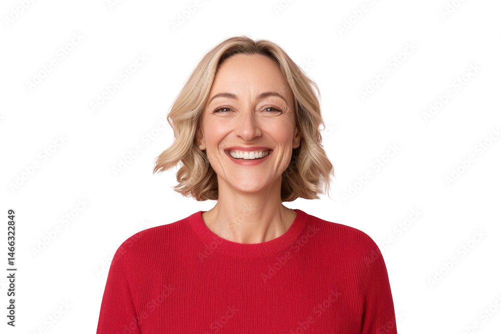 A smiling woman with blonde hair wearing a red sweater. Woman in business, Png, Transparent background A smiling woman with blonde hair wearing a red sweater. Woman in business, Png, Transparent background