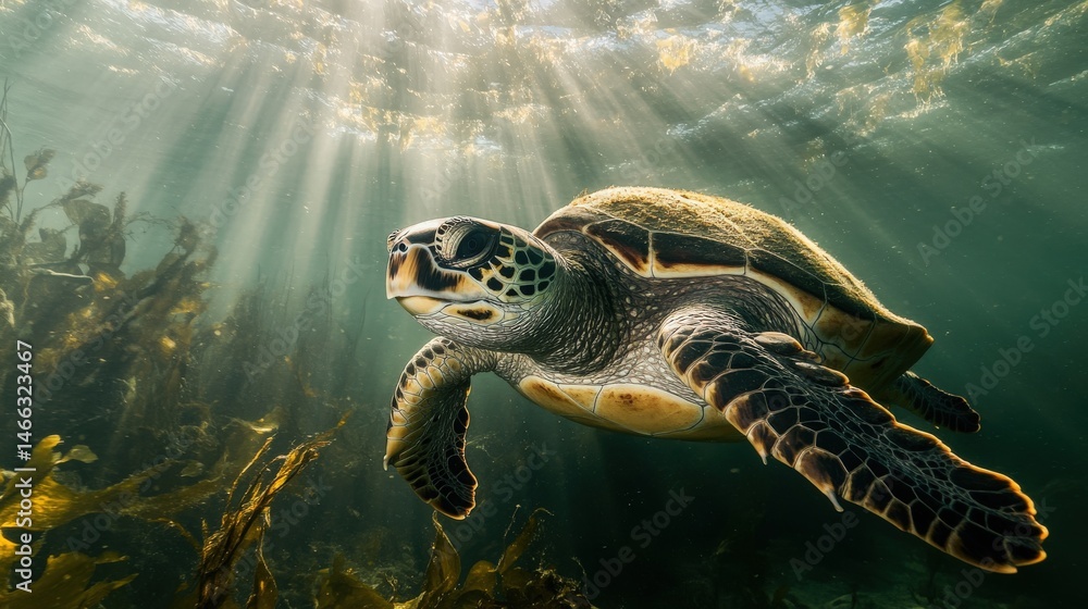Fototapeta premium Underwater view of a sea turtle swimming through sunlight.