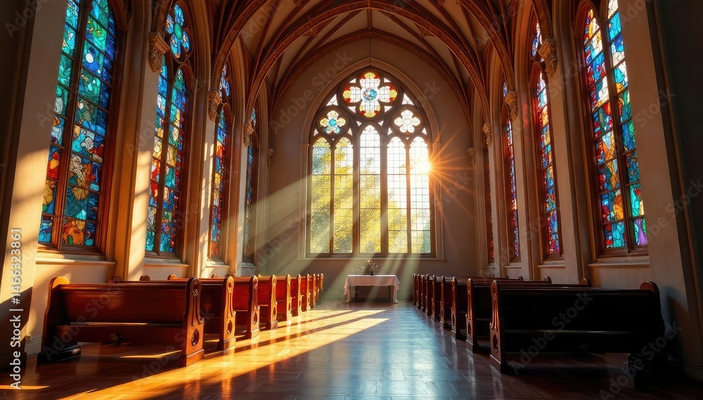 Fototapeta premium A peaceful church interior, sunlight streaming through stained glass windows , quiet, catholic