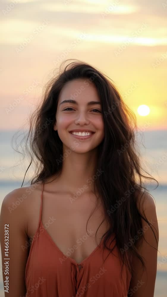 A woman with long hair is smiling at the camera. She is wearing a red dress and standing on a beach A woman with long hair is smiling at the camera. She is wearing a red dress and standing on a beach