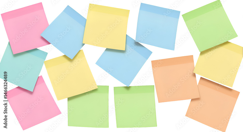 set of colorful sticky notes arrangement of sticky notes in soft hues—pink, blue, yellow, green, and orange—perfect for organization and creativity transparent background